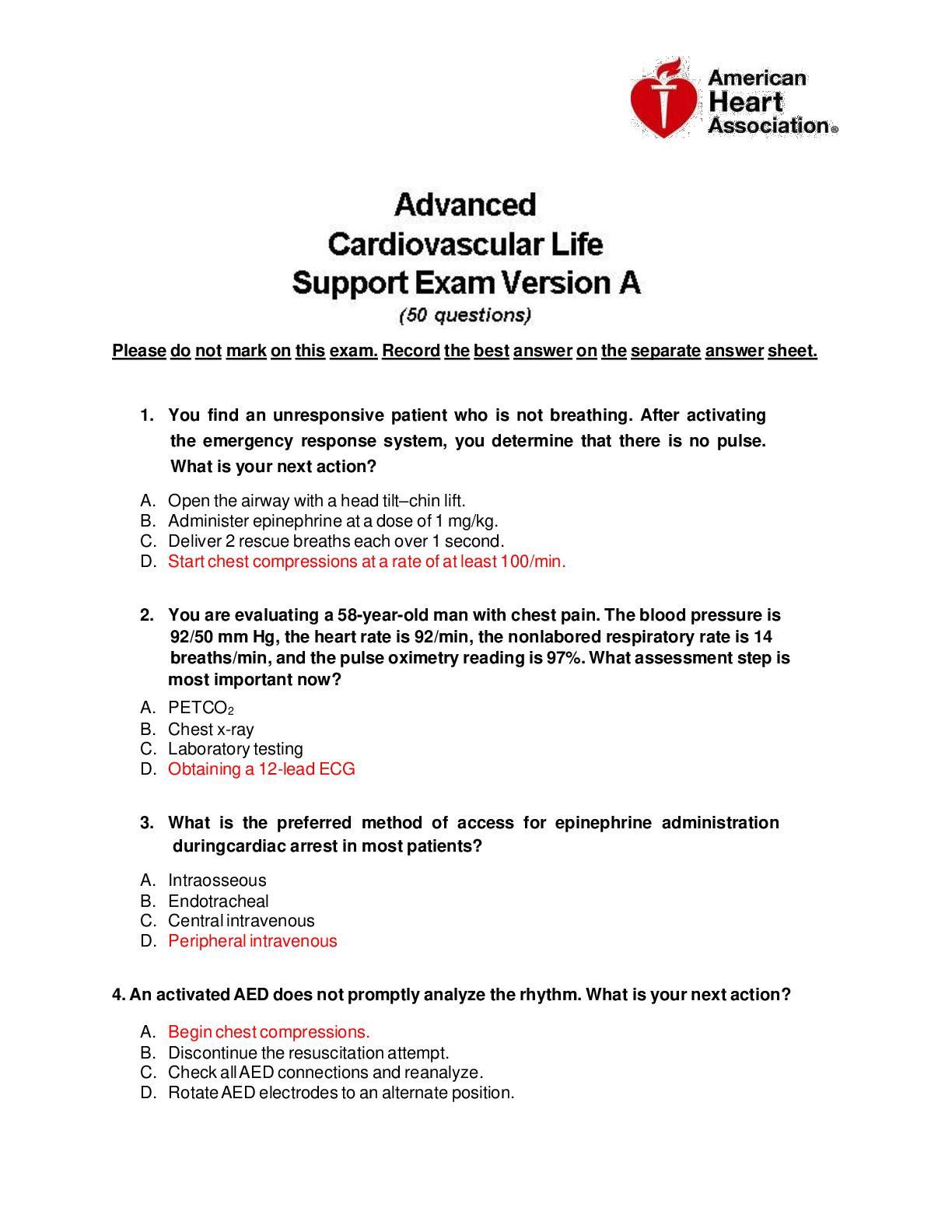 ACLS Advanced Cardiovascular Life Support Exam Review Version A (50